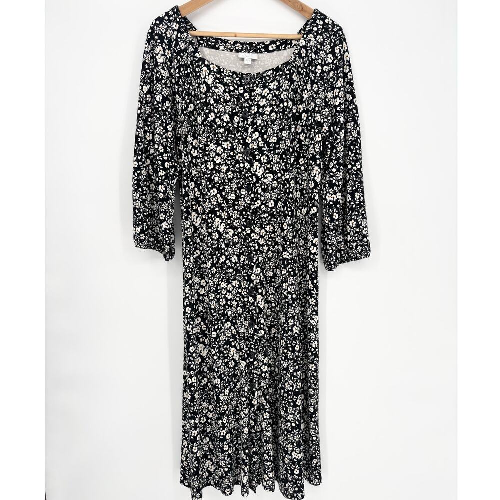 J. Jill Black Floral Print Button Front Stretch Knit Midi Dress Size M